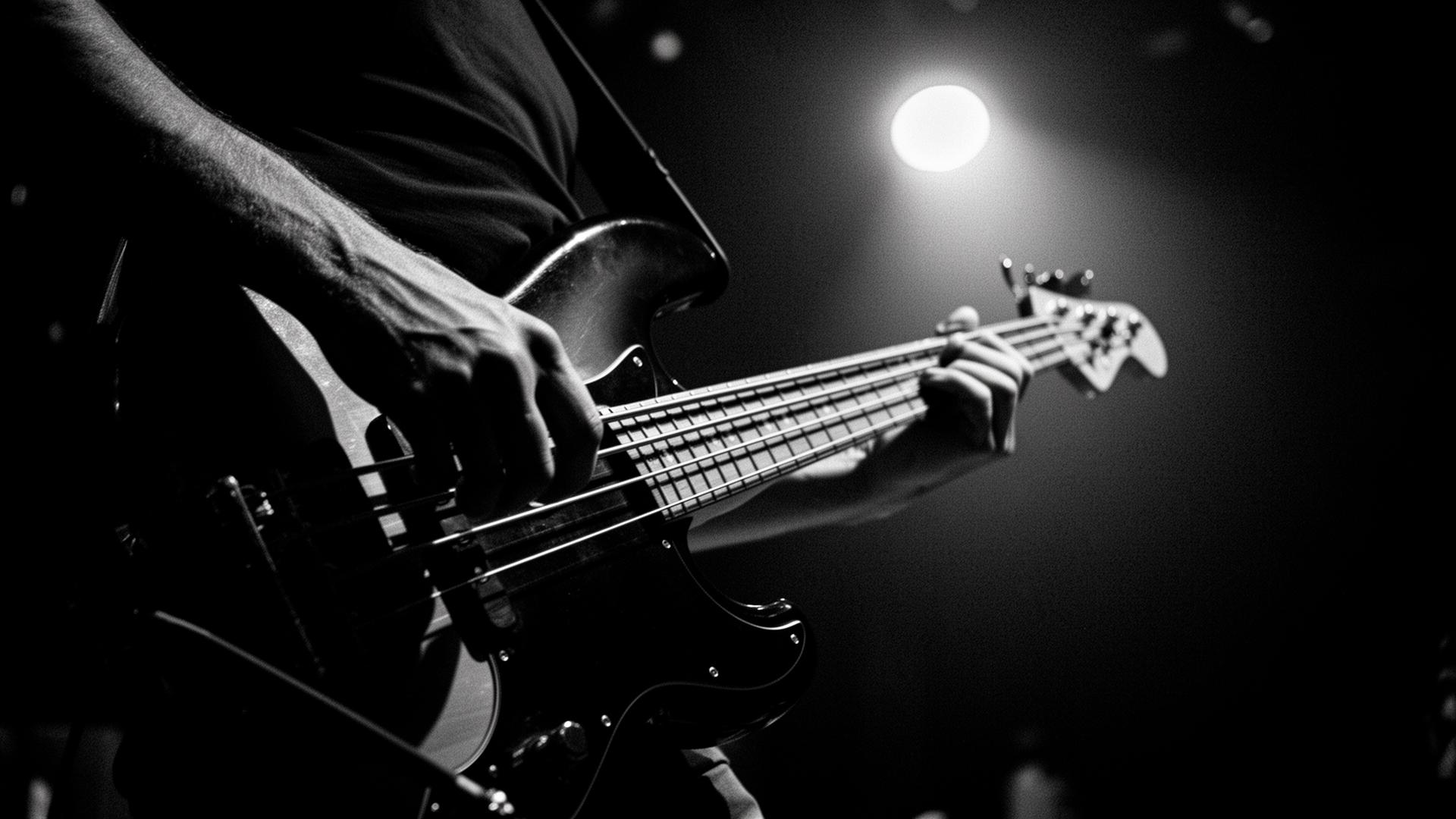 A bassist's hands play on a dimly lit stage